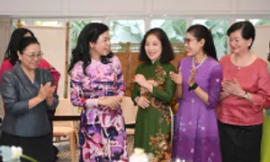 Phu nhân Ngô Phương Ly cùng các nữ đại biểu Cộng đồng ASEAN xem trình diễn áo dài